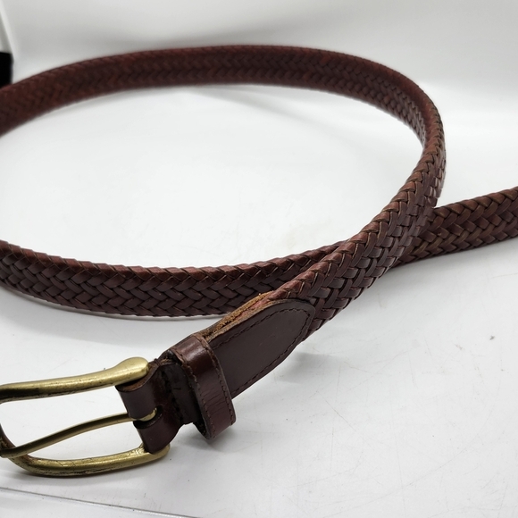 Perry Ellis Brown Woven Leather Belt Brass Buckel Sz 34 Unisex - Picture 6 of 6